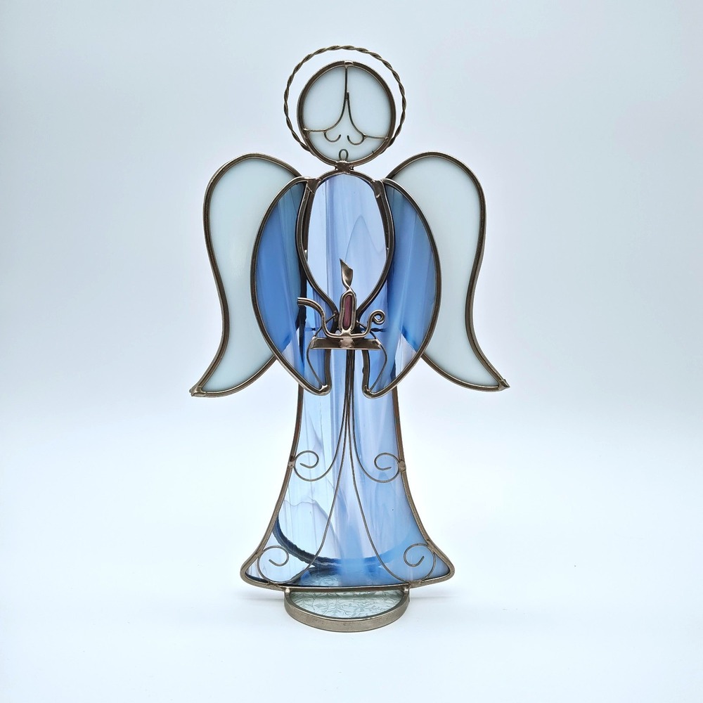 Vintage Stained Glass Angel 11"‎ Tall Blue with Metal Frame Suncatcher Figurine